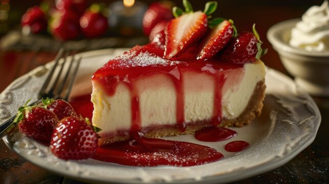 A decadent slice of New York cheesecake topped with fresh strawberries and a drizzle of strawberry sauce, Cheesecake centered