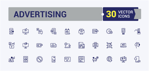 Advertising icon set. Includes thin line announcer, advertising, promotion, campaign, advertise, marketing, advertisement. Outline symbol collection. Editable vector icon and illustration.