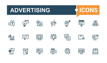 Advertising line icons set. Includes thin line promotion, marketing, advertising, advertise, announcer, advertisement, campaign and more. Minimalist thin linear icon. Vector line and solid icons.