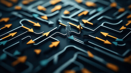 Abstract image depicting a maze-like path with a miniature figure navigating among numerous yellow and teal arrows, representing decision-making and direction choices.