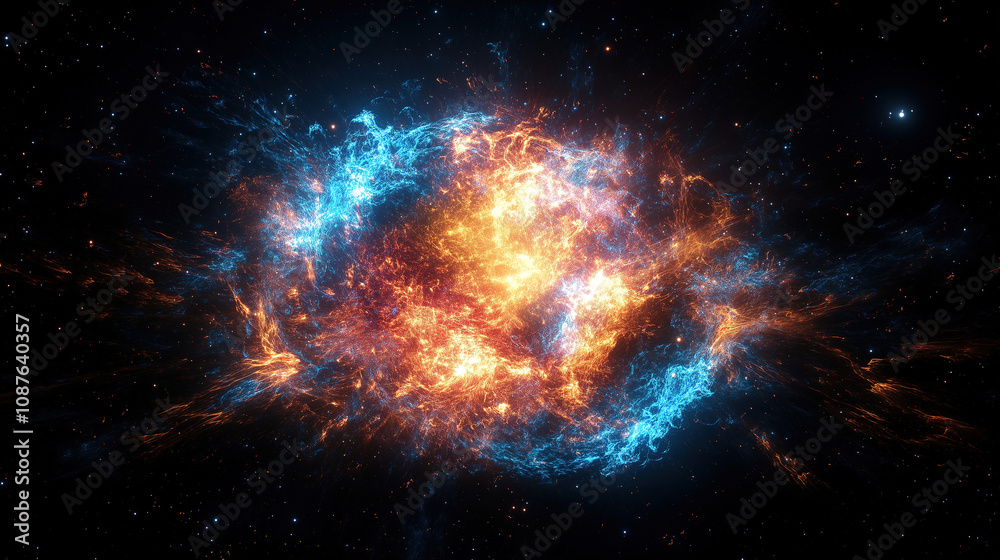 Poster a vibrant cosmic explosion displays fiery orange and blue hues against the backdrop of deep space du