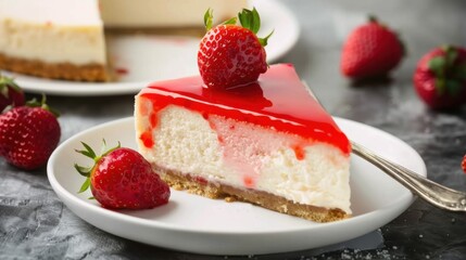 A decadent slice of New York cheesecake with a graham cracker crust and a creamy cheesecake filling, served on a white plate