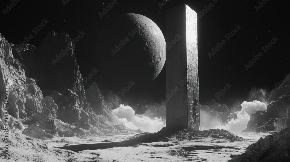 Poster a mysterious monolith stands on a barren moon landscape under a large celestial body during a calm n