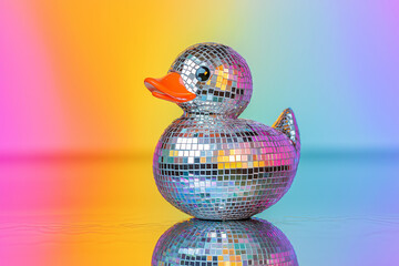 Rubber little duckling as a disco ball on bright background. Party concept. Disco duck, foam or pool party, spa and bath day. Self care, self love concept