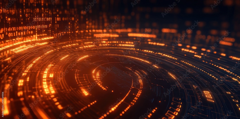 Aufkleber Abstract digital swirl of glowing orange and black lines representing data flow.
