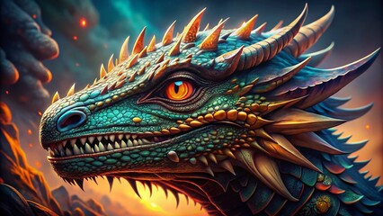 Fototapeta premium A colossal dragon, scales shimmering, eyes ablaze, its majestic presence fills the canvas.
