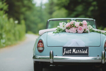 Wedding just married car decorated with flowers on a road. Classic vintage elegant bridal car, old-fashioned car for weddings. Floral wedding decorations, traditional festive celebrations, wedding day