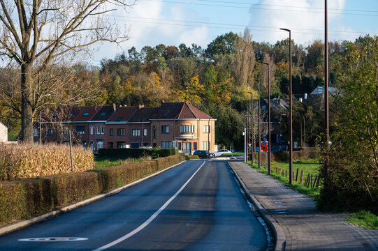 The Beerselse straat or street, a rural street with some residences in Lot, Beersel, Flemish Brabant, Belgium