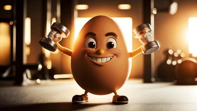 cute cartoon happy egg showing arm muscles, dumbbells