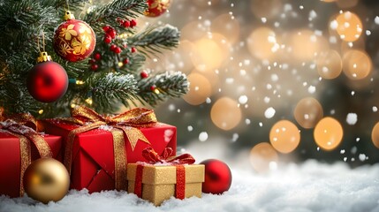 Beautiful Christmas Tree Decorated with Shiny Ornaments and Festive Gifts Amidst Soft Snow and a Glowing Bokeh Background Creating a Magical Holiday Atmosphere