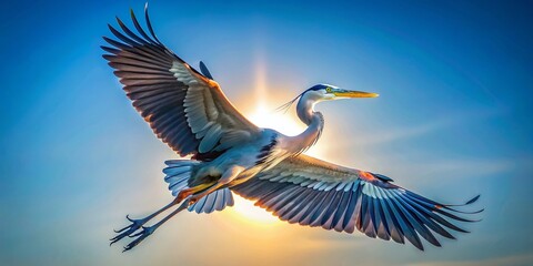 A majestic great blue heron soars through the sky, wings outstretched.