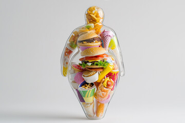 Female figure made out of unhealthy fast food. Glass vase full of junk food forming an obese figure as a symbol of unhealthy eating, wrong food choices. Overweight human silhouette, diet concept