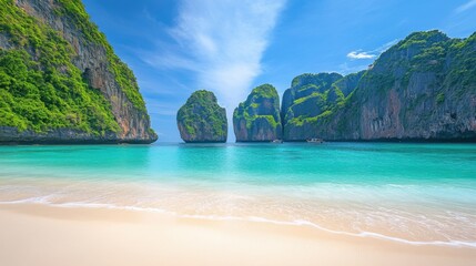 Maya Bay Thailand Tropical Beach, Turquoise Waters, Dramatic Cliffs
