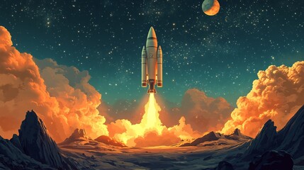 Obraz premium A rocket ascends through vibrant clouds, leaving a trail of flames against a starry sky, with distant planets adding to the cosmic scenery.