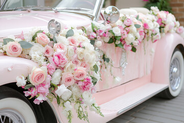 Wedding car decorated with flowers. Classic vintage elegant bridal car, old-fashioned car for weddings. Floral wedding decorations for traditional festive celebrations. Love and marriage concept