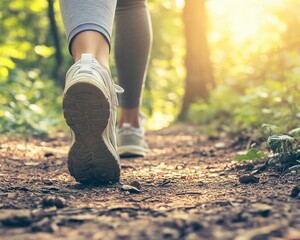 Mindful Fitness Journey captures the first steps of a mindful walk in a tranquil forest, with sunlight highlighting the trail ahead.