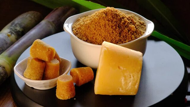 Jaggery powder with jaggery cubes. Jaggery is used as an ingredient in sweet and savoury dishes in the cuisines of India.