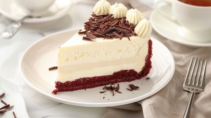 A decadent slice of red velvet cheesecake with a chocolate cookie crust, creamy cheesecake filling