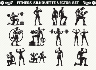 Dynamic Fitness Silhouette Set Showcasing Workout, Yoga, and Gym Poses