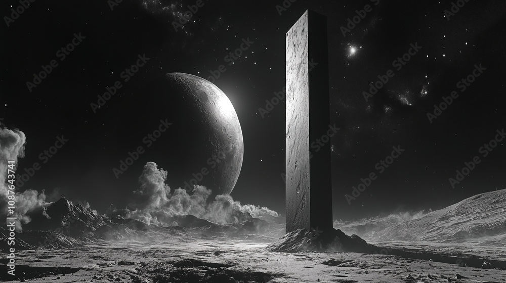 Aufkleber A towering monolith stands against a cosmic landscape with a distant planet and clouds during a serene space twilight. Generative AI