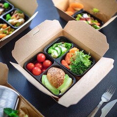 Restaurant healthy food delivery in take away boxes