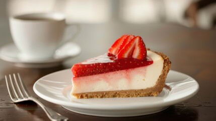 A decadent slice of strawberry cheesecake with a graham cracker crust and a layer of strawberry compote, served on a white plate