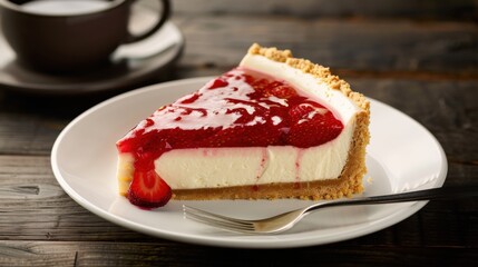 A decadent slice of strawberry cheesecake with a graham cracker crust and a layer of strawberry compote, served on a white plate
