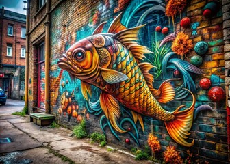 Fototapeta premium Urban Exploration Photography Featuring a Detailed Koi Fish Tattoo Sketch Against a Gritty City Backdrop with Vibrant Colors and Intricate Patterns for Artistic Inspiration