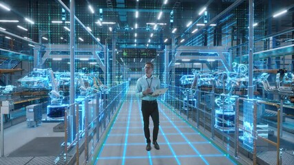 Technician Activates Futuristic Automotive Factory, Warehouse Construction of Robotic Arms and Vehicle Frames. Advanced Manufacturing Visualization Digital Twin Technology and Smart Production System - Powered by Adobe
