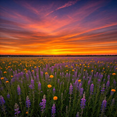 Fototapeta premium A breathtaking field of colorful wildflowers bathed in the warm glow of a setting sun