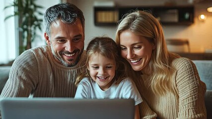 Happy family of three enjoying time together at home while sitting on the couch with a laptop, smiling warmly.