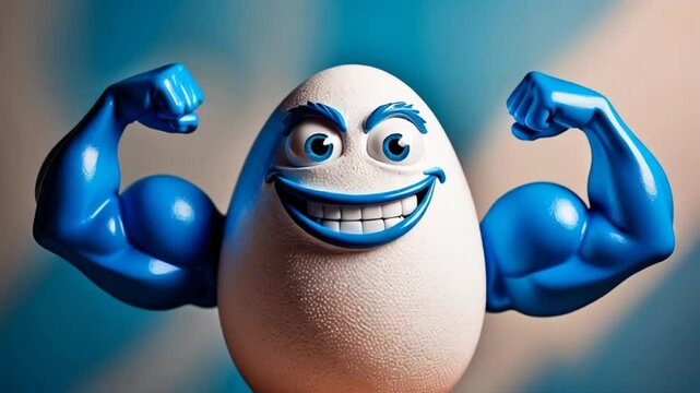 cute cartoon happy egg showing off his arm muscles

