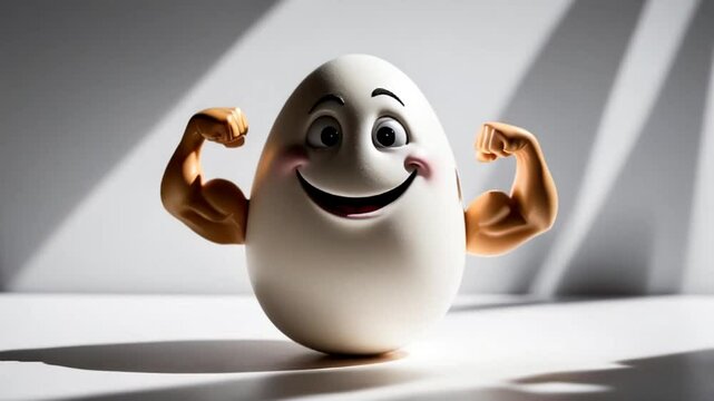 cute cartoon happy egg showing off his arm muscles

