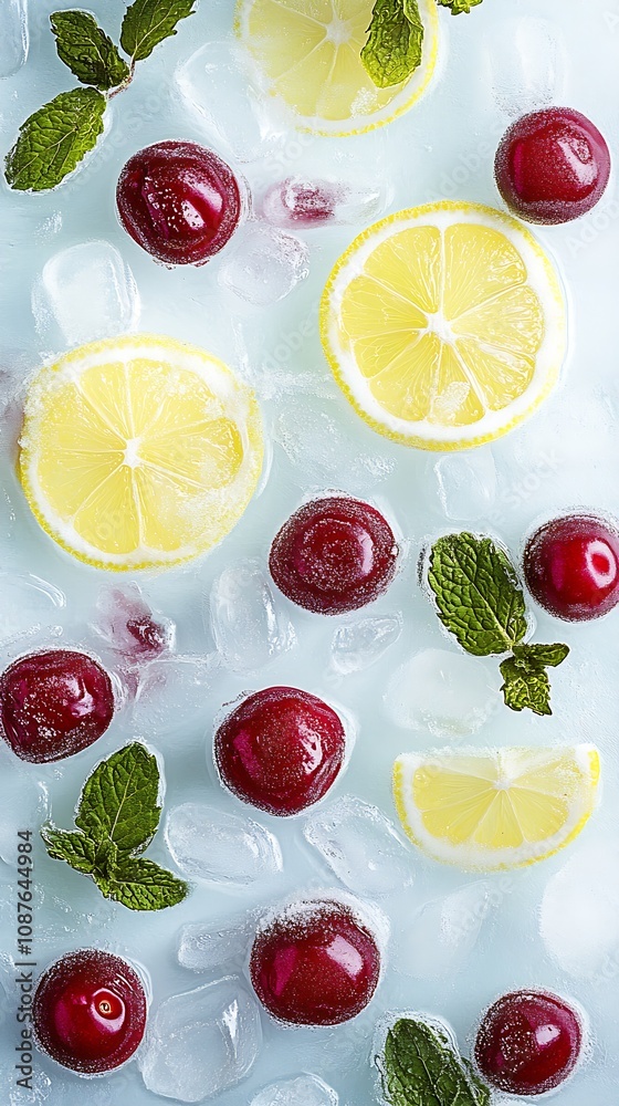 Aufkleber chilled lemon and cherry compositions with mint over ice for refreshing summer drinks : generative a