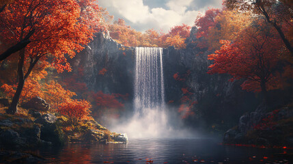 A stunning waterfall in a forest of red and orange autumn trees, with a clear pool at the base and mist rising from the falling water