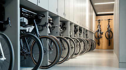 Modern Bike Storage Wall, Sleek Bicycle Rack, Office Interior, High-Tech Cycling, Minimalist Design