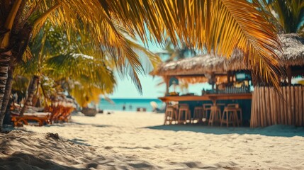 Obraz premium Tropical Beach Bar Scene Palm Trees, Sand, Ocean, Relaxation