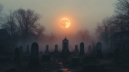 Spooky Graveyard Under the Full Moon The tombstones are old and weathered