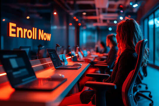 An advertisement banner for enrolling in a business course, with a call to action "Enroll Now," featuring a professional meeting room setup.
