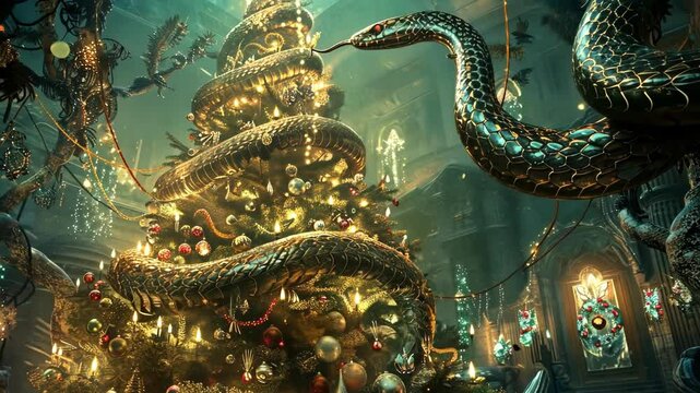 Python Entwined in Festive Christmas Tree Decorations with Warm Glowing Lights