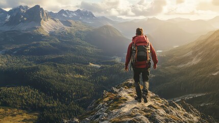 A lone hiker walks along a mountain ridge, enjoying the scenic view of the valley below.