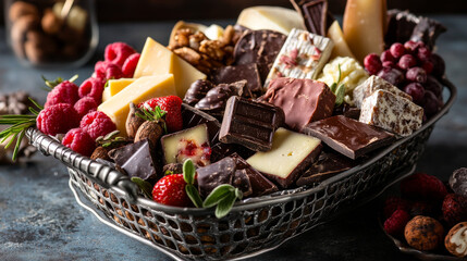 Gourmet Chocolate and Cheese Gift Basket: Dark, Milk, and White Chocolates with Assorted Cheeses