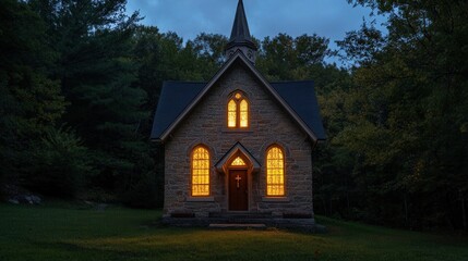 Obraz premium A small chapel glows warmly, inviting visitors into its serene evening ambiance