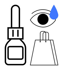 Eye dropper bottle beside an eye with a blue teardrop and a shopping bag. Ideal for healthcare, pharmaceuticals, eye care, retail, shopping, medical illustration, and consumer goods. Line metaphor