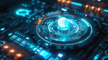 A futuristic control panel with holographic buttons and a central glowing orb.