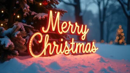 The text of "Merry Christmas" on the streets of the night city