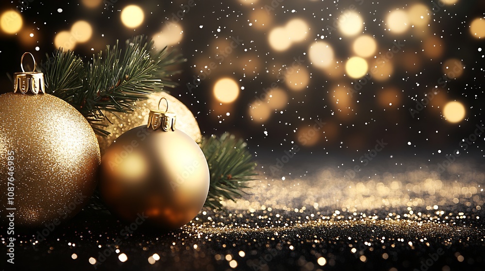 Poster sparkling golden christmas baubles with evergreen branches and festive bokeh : generative ai