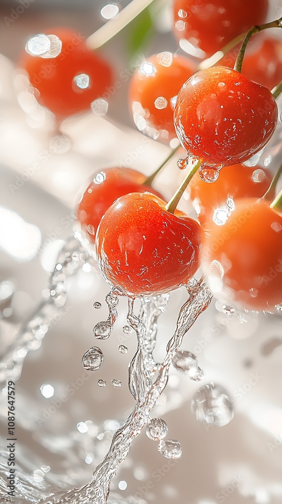 Poster Vibrant Ripe Red Cherries Splashing in Water with Refreshing Droplets Close Up : Generative AI