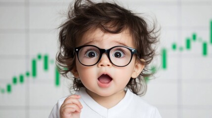 A surprised child wearing glasses, reacting to rising cryptocurrency chart with a bullish market trend in the background. Digital art style.