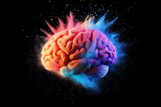 Human brain exploding in bright colorful smoke on a black background. Digital art, concept of brain exploding with creativity, new ideas and knowledge.